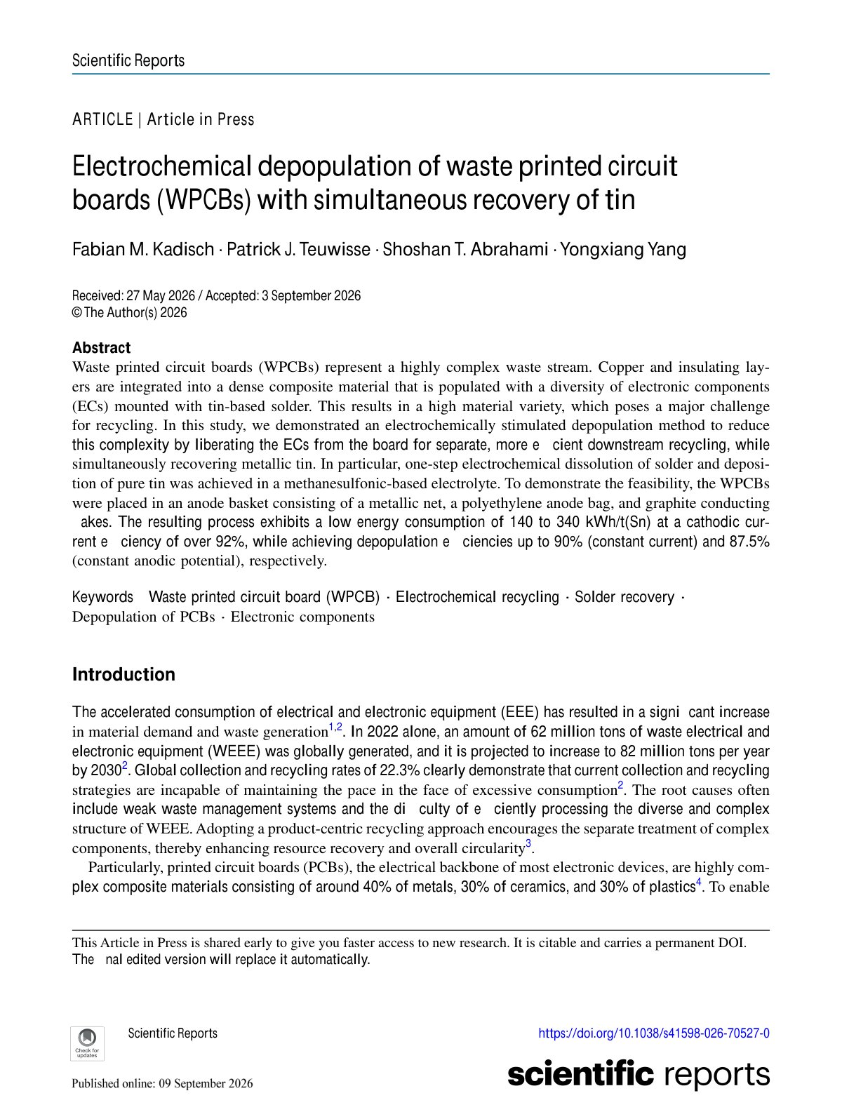 First page of 2026   Kadisch   Electrochemical WPCB Depopulation and Tin Recovery