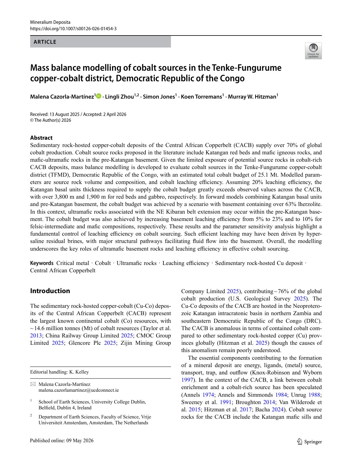 First page of Mass balance modelling of cobalt sources in the Tenke-Fungurume copper-cobalt district, Democratic Republic of the Congo