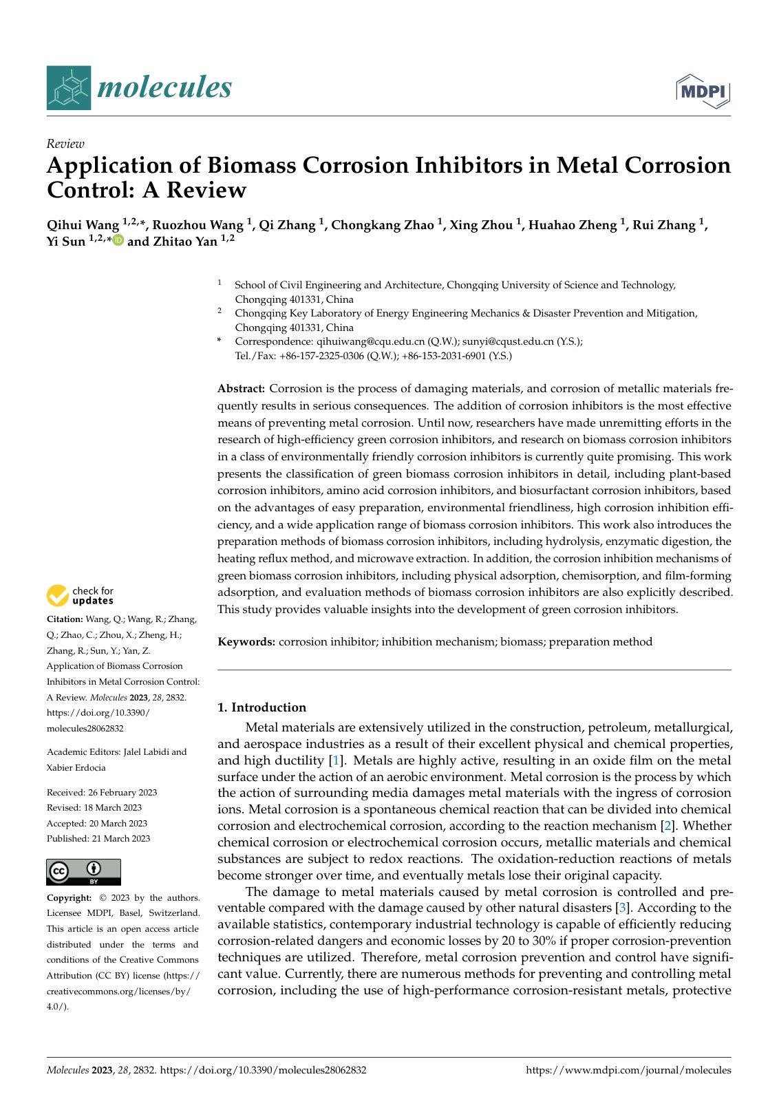 First page of Application of Biomass Corrosion Inhibitors in Metal Corrosion Control: A Review