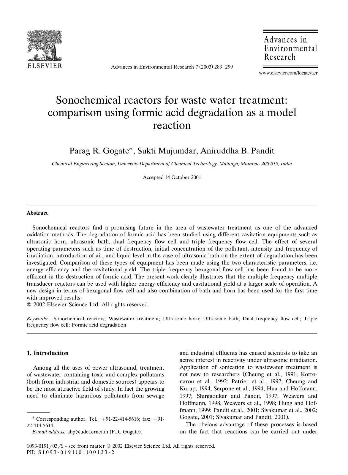 First page of Sonochemical reactors for waste water treatment: comparison using formic acid degradation as a model reaction