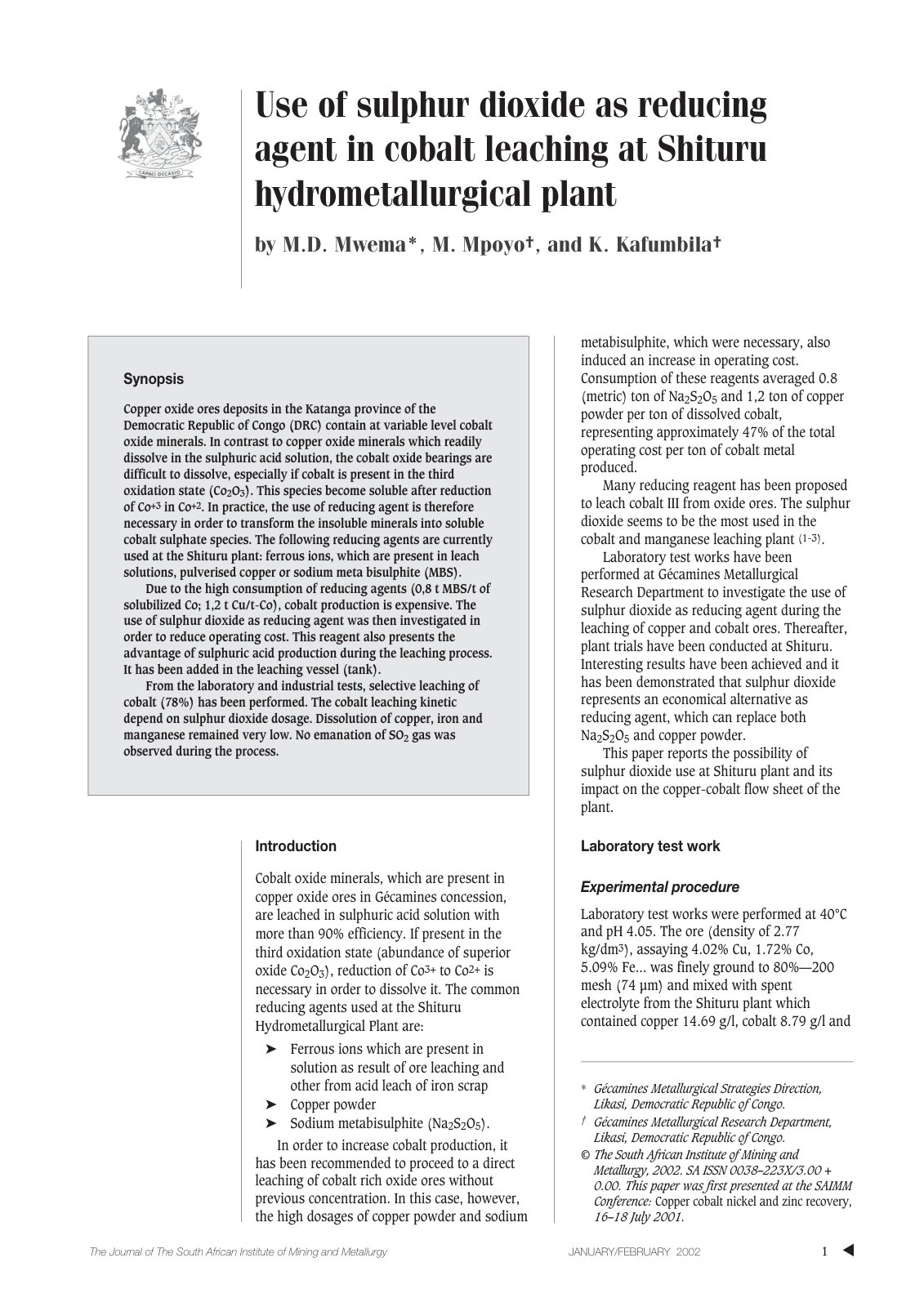 First page of Use of sulphur dioxide as reducing agent in cobalt leaching at Shituru hydrometallurgical plant