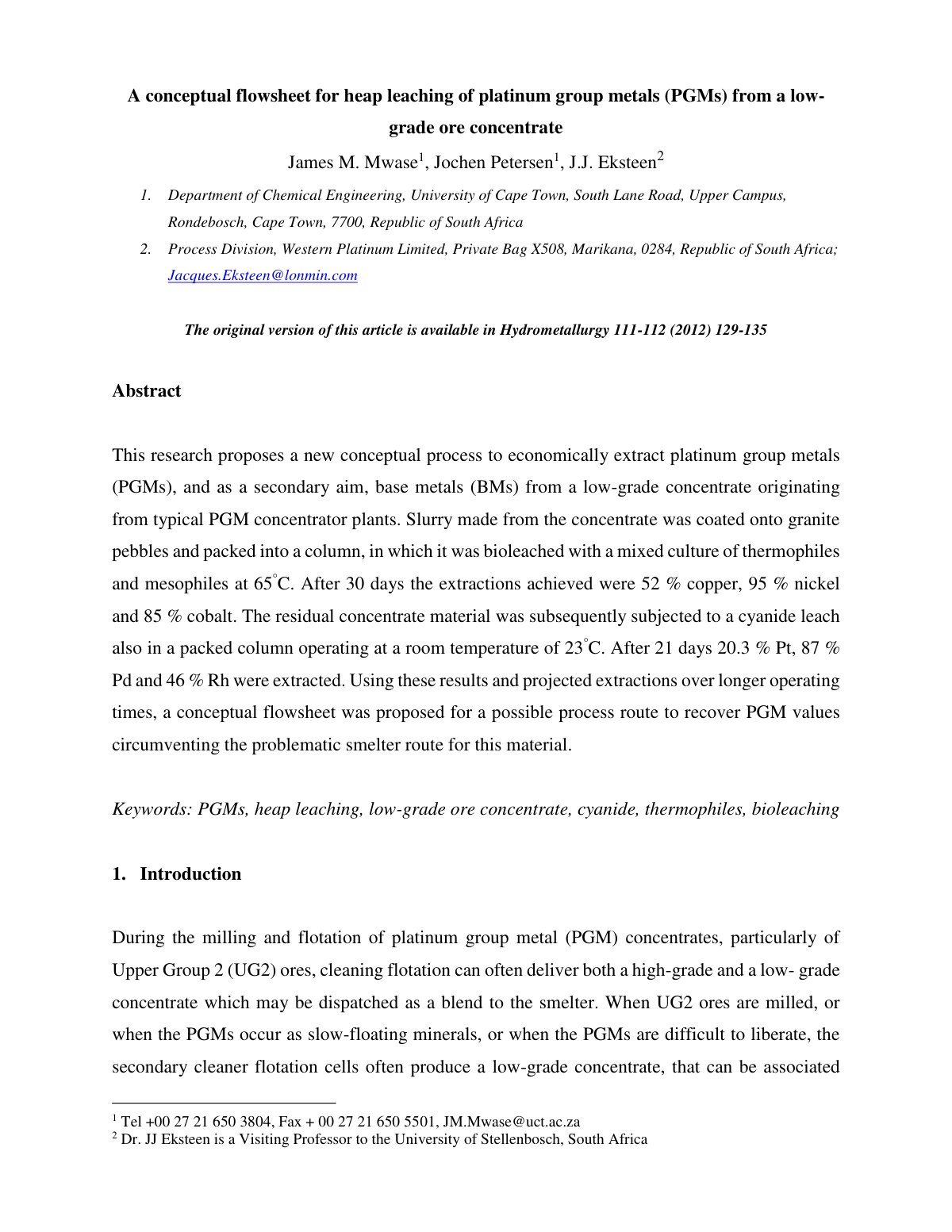 First page of heap leaching of platinum group metals from a low grade ore concentrate (OAC)