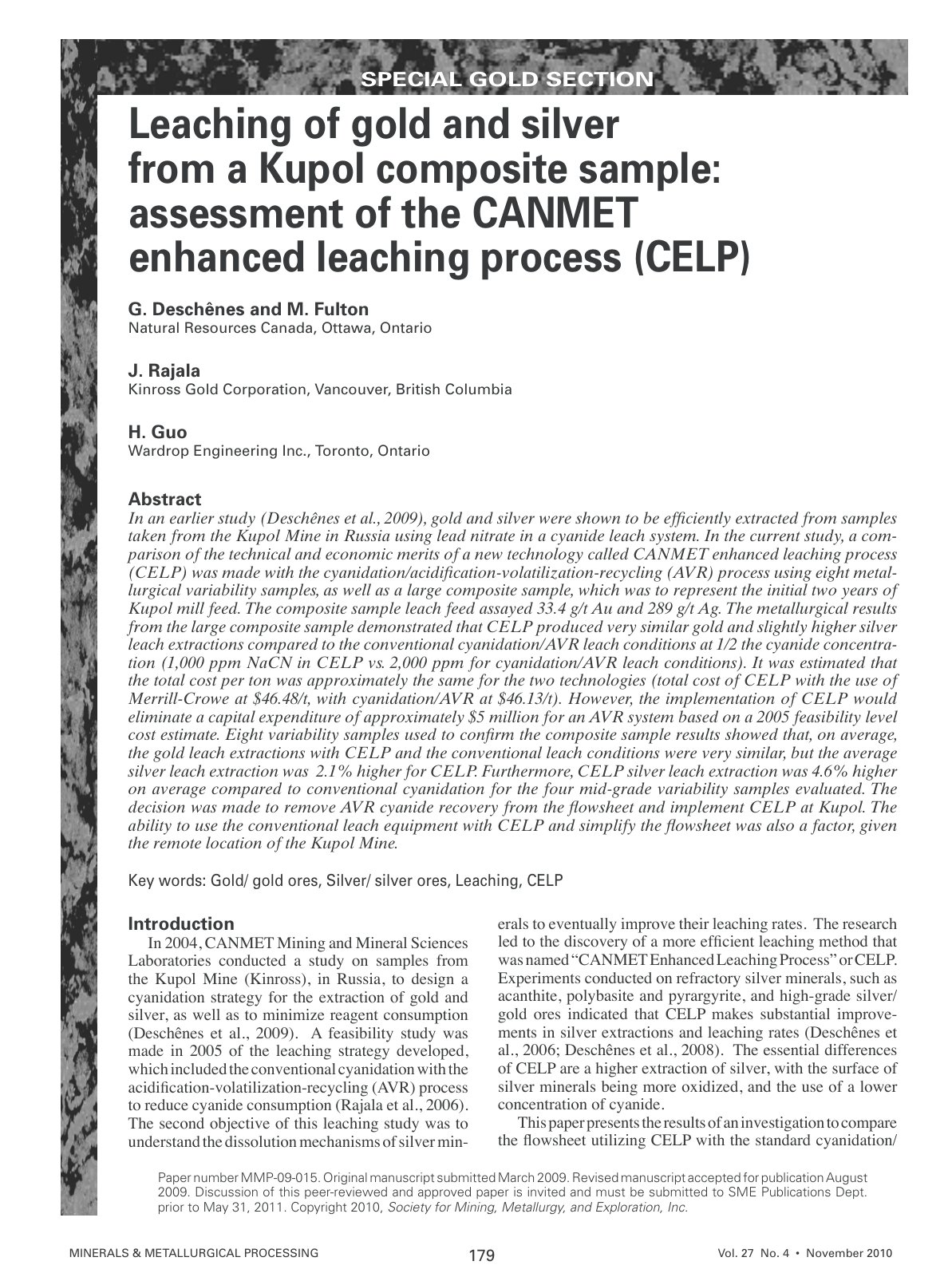 First page of Leaching of gold and silver from a Kupol composite sample: assessment of the CANMET enhanced leaching process (CELP)