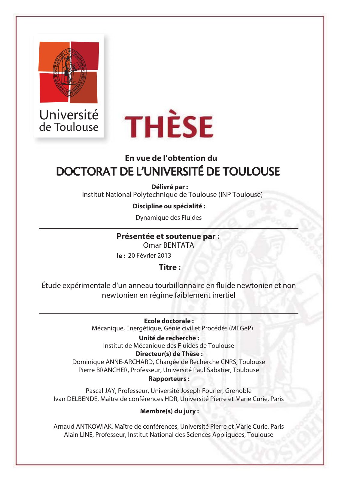 First page of Étude expérimentale d'un anneau tourbillonnaire en fluide newtonien et non newtonien en régime faiblement inertiel