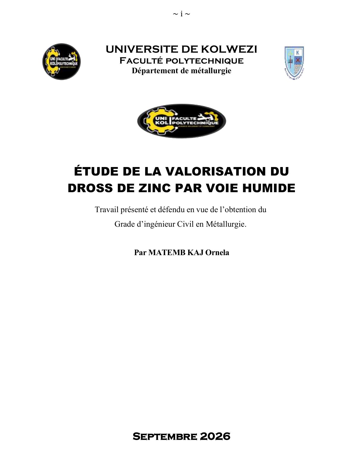 First page of ÉTUDE DE LA VALORISATION DU DROSS DE ZINC PAR VOIE HUMIDE