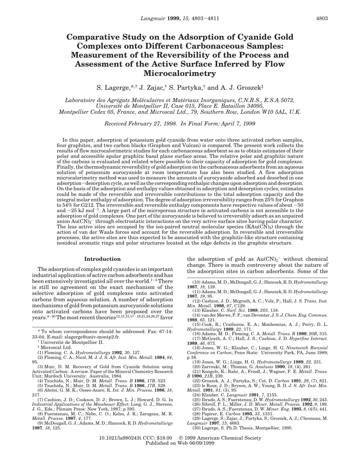 First page of Comparative Study on the Adsorption of Cyanide Gold Complexes onto Different Carbonaceous Samples: Measurement of the Reversibility of the Process and Assessment of the Active Surface Inferred by Flow Microcalorimetry