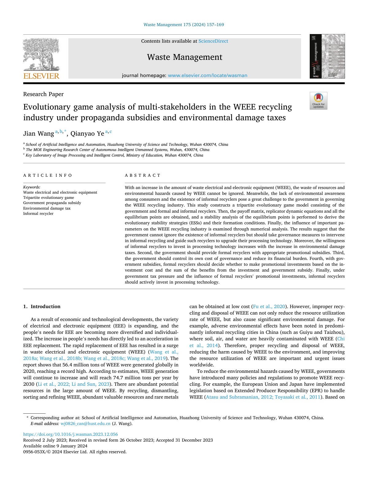 First page of Evolutionary game analysis of multi stakeholders in the WEEE re 2024 Waste M