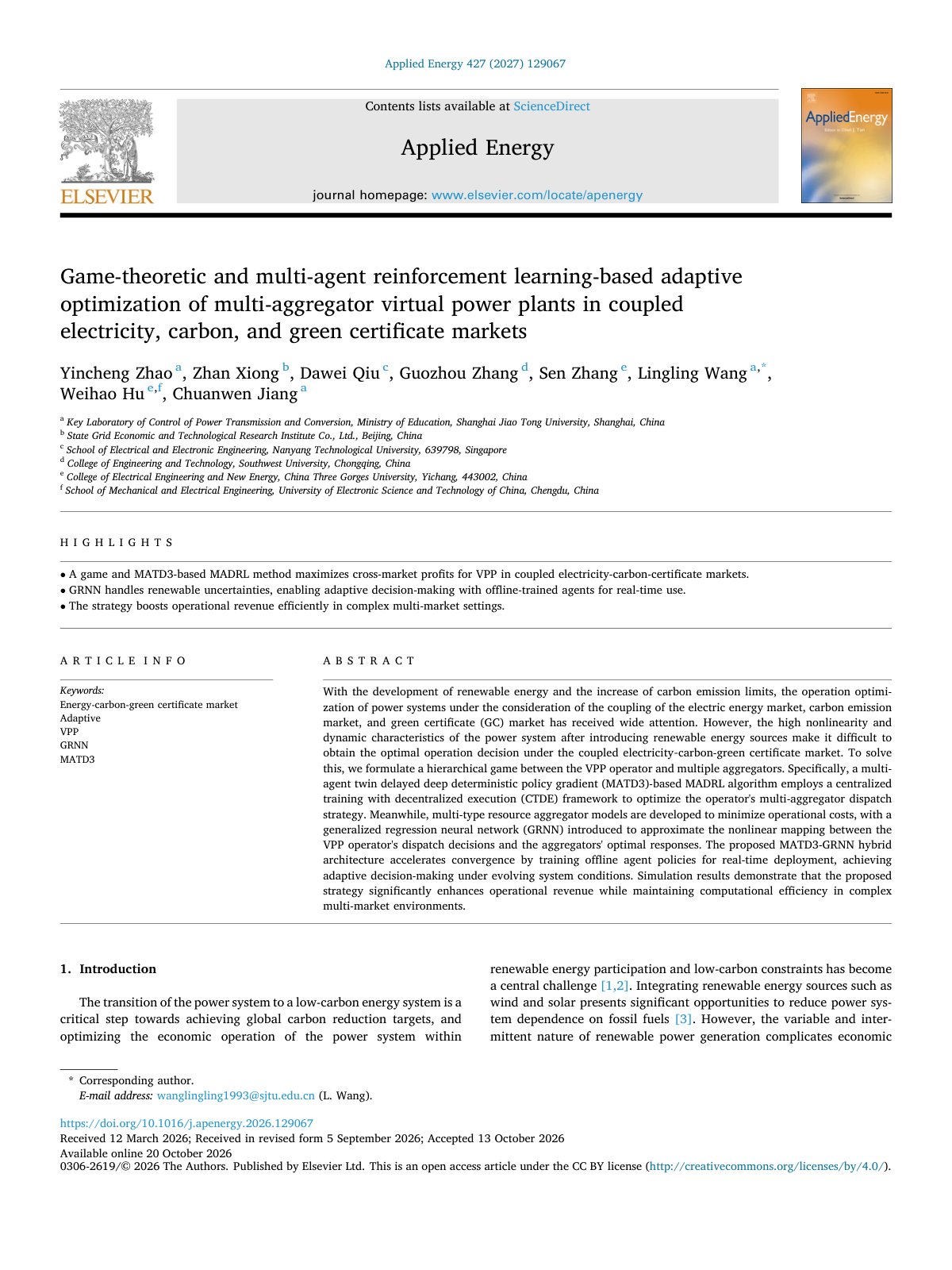 First page of Game theoretic and multi agent reinforcement learning based adapti 2027 Appl