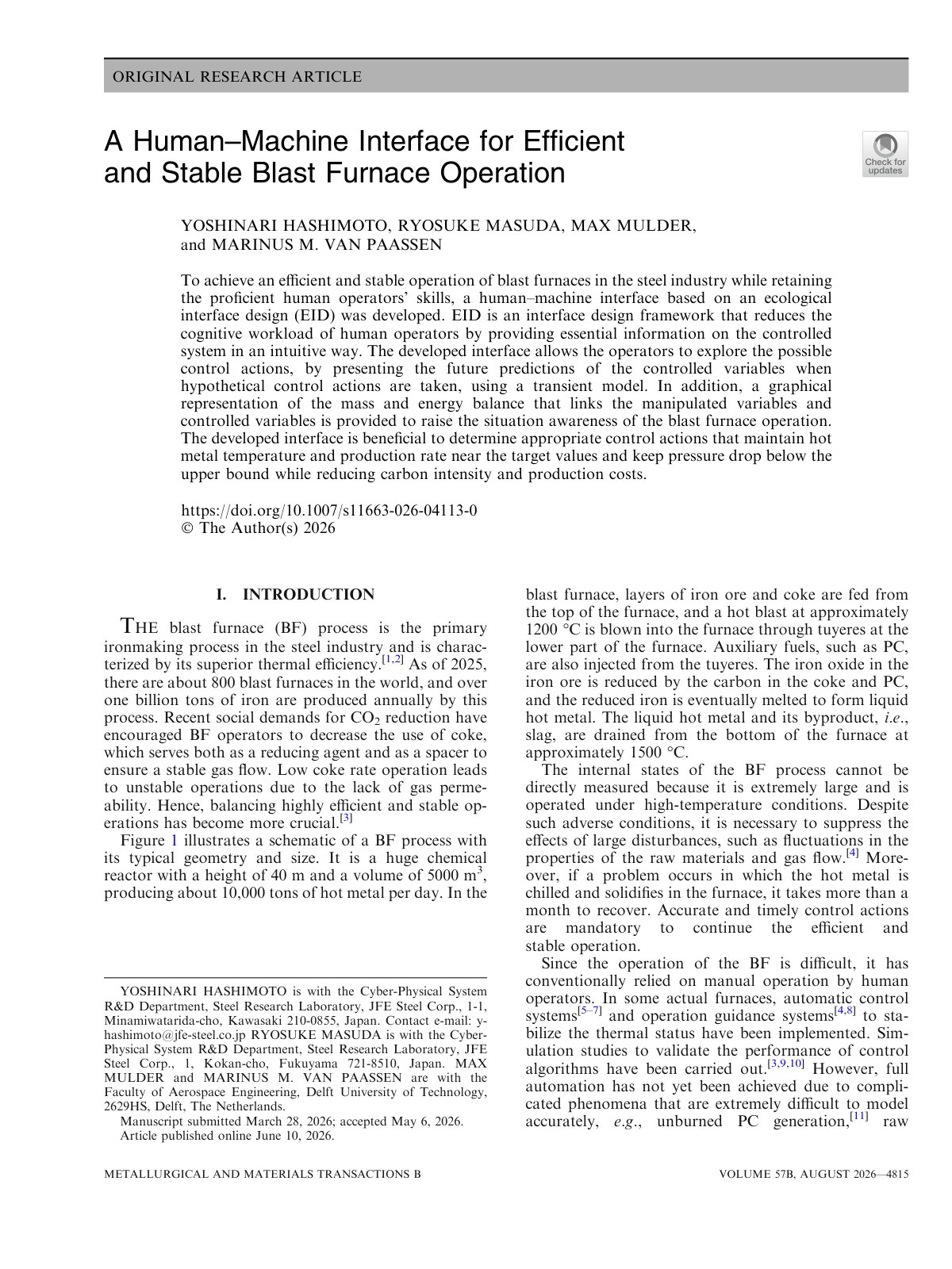 First page of A Human–Machine Interface for Efﬁcient and Stable Blast Furnace Operation