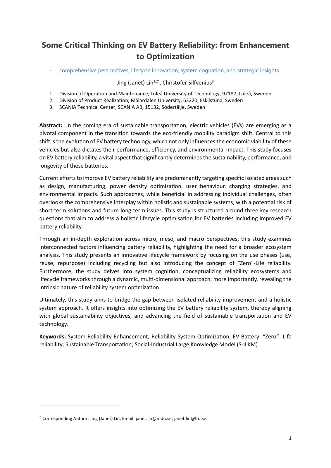 First page of Some Critical Thinking on EV Battery Reliability: from Enhancement