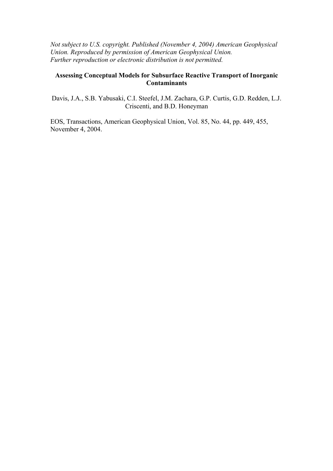 First page of Assessing Conceptual Models for Subsurface Reactive Transport of Inorganic Contaminants