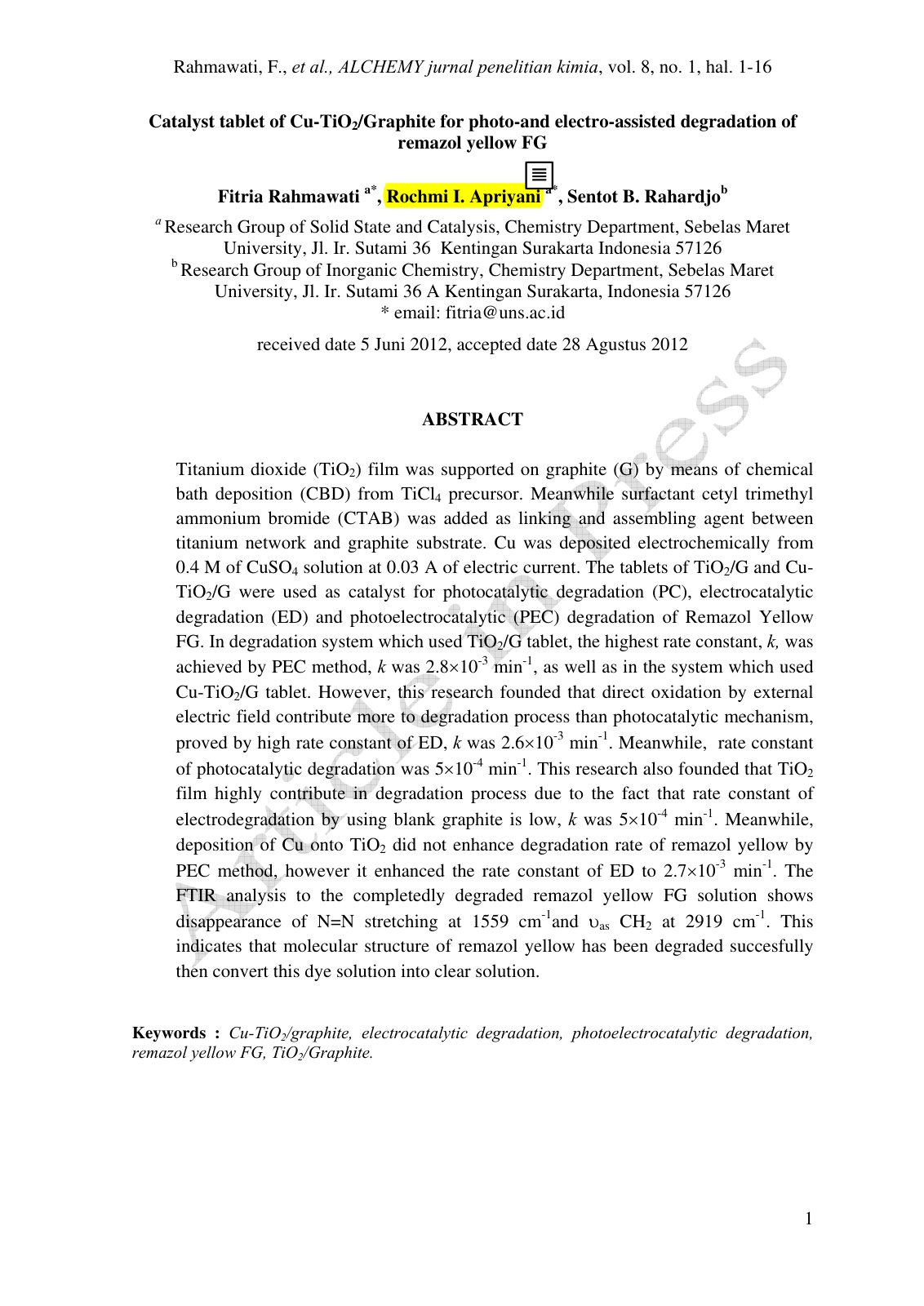 First page of Catalyst tablet of Cu TiO2 Graphite for