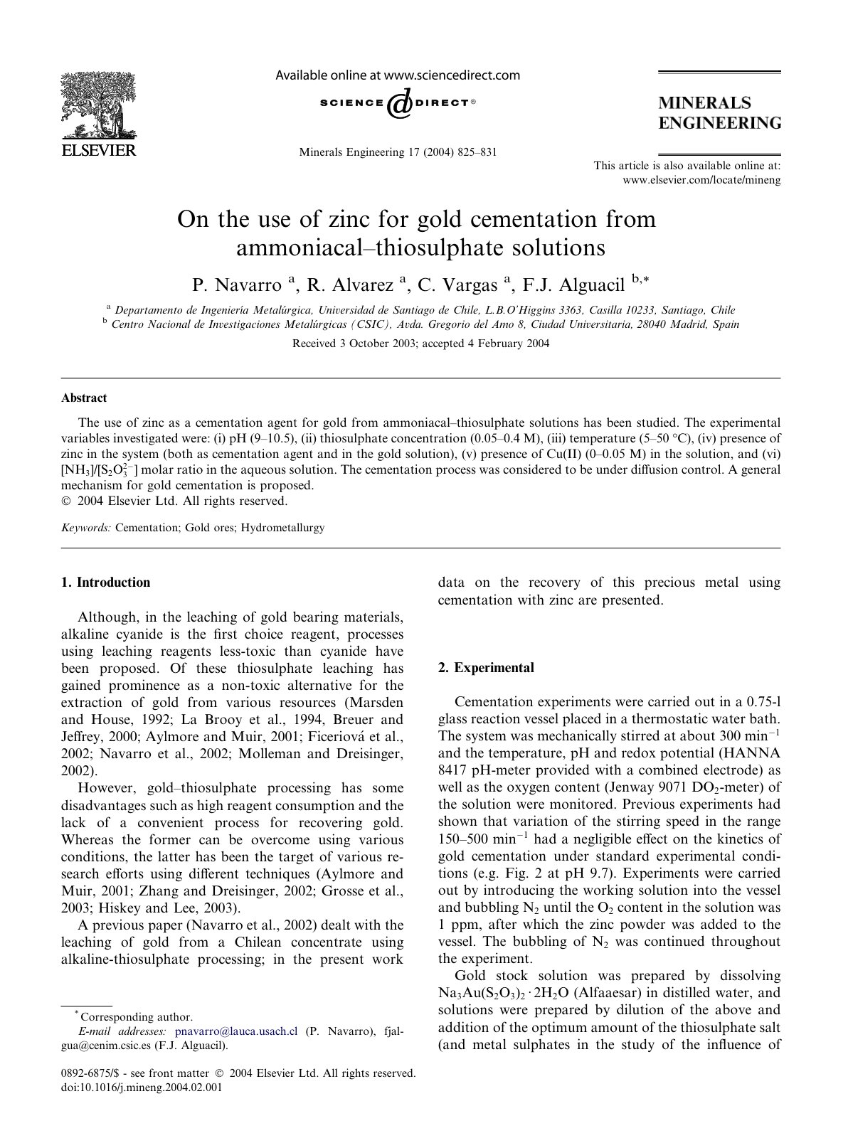 First page of On the use of zinc for gold cementation from ammoniacal–thiosulphate solutions