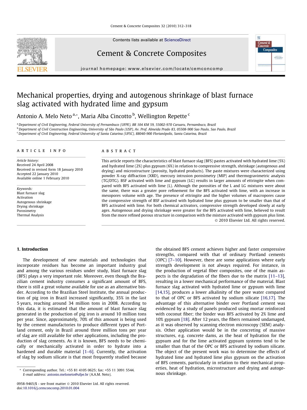 First page of Mechanical properties, drying and autogenous shrinkage of blast furnace slag activated with hydrated lime and gypsum