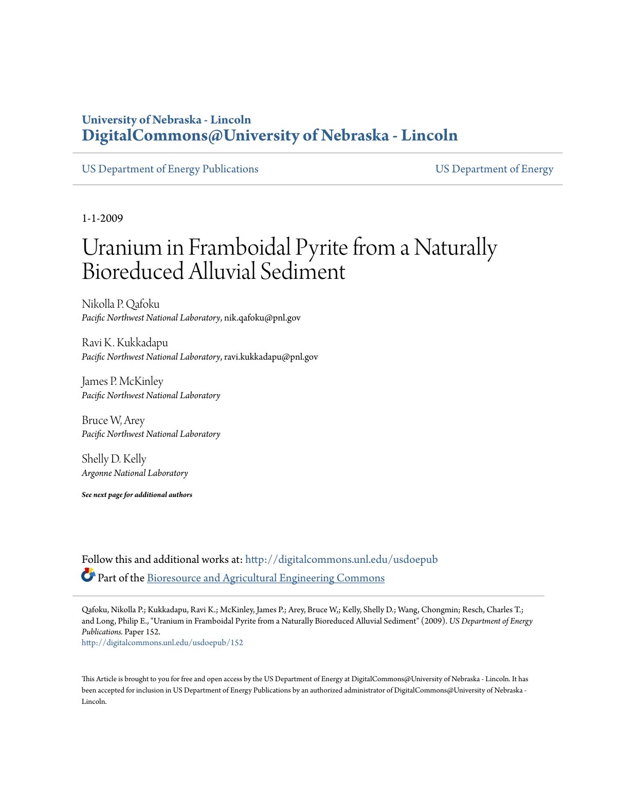 First page of Uranium in Framboidal Pyrite from a Naturally Bioreduced Alluvial Sediment