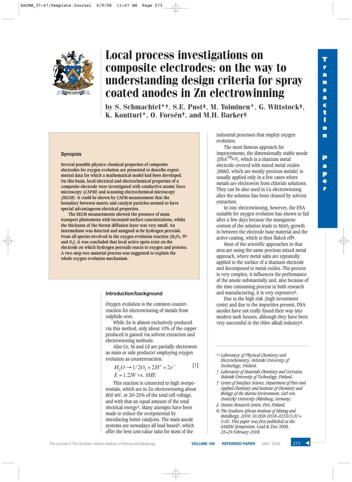 First page of Local process investigations on composite electrodes: on the way to understanding design criteria for spray coated anodes in Zn electrowinning