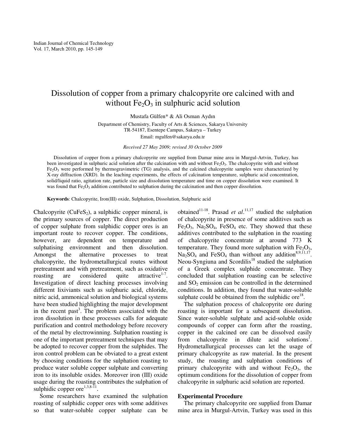 First page of Dissolution of copper from a primary chalcopyrite ore calcined with and without Fe2O3 in sulphuric acid solution