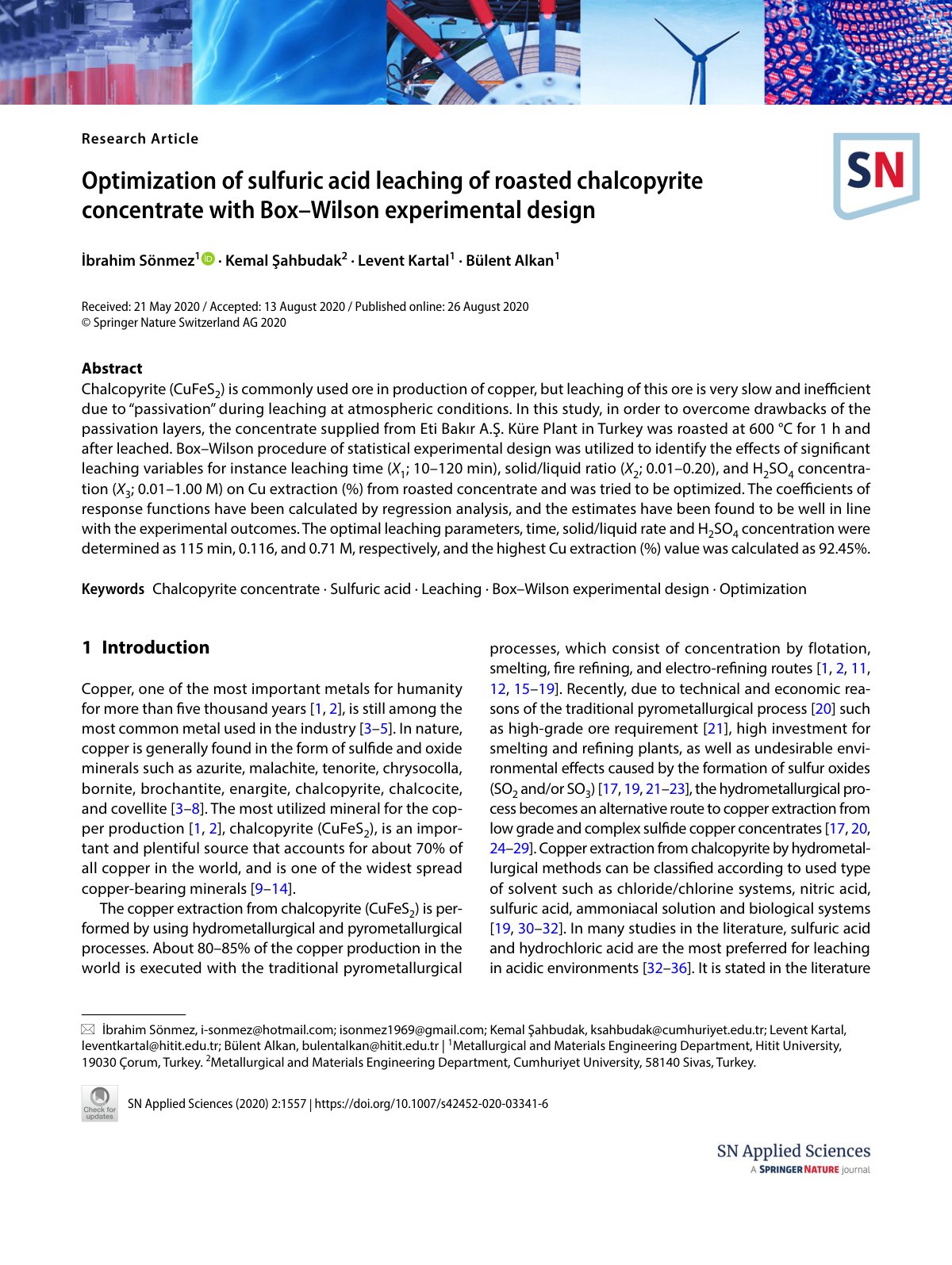 First page of Optimization of sulfuric acid leaching of roasted chalcopyrite concentrate with Box–Wilson experimental design