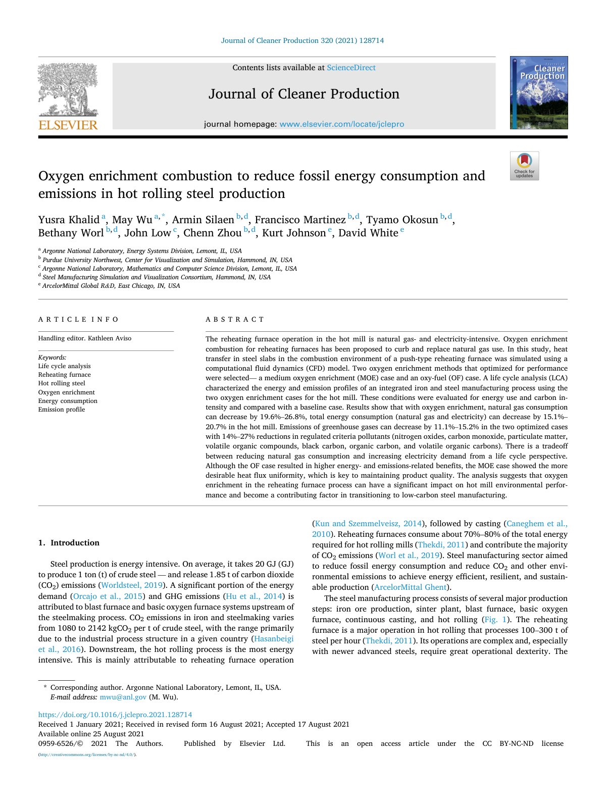 First page of Oxygen enrichment combustion to reduce fossil energy consumption and emissions in hot rolling steel production