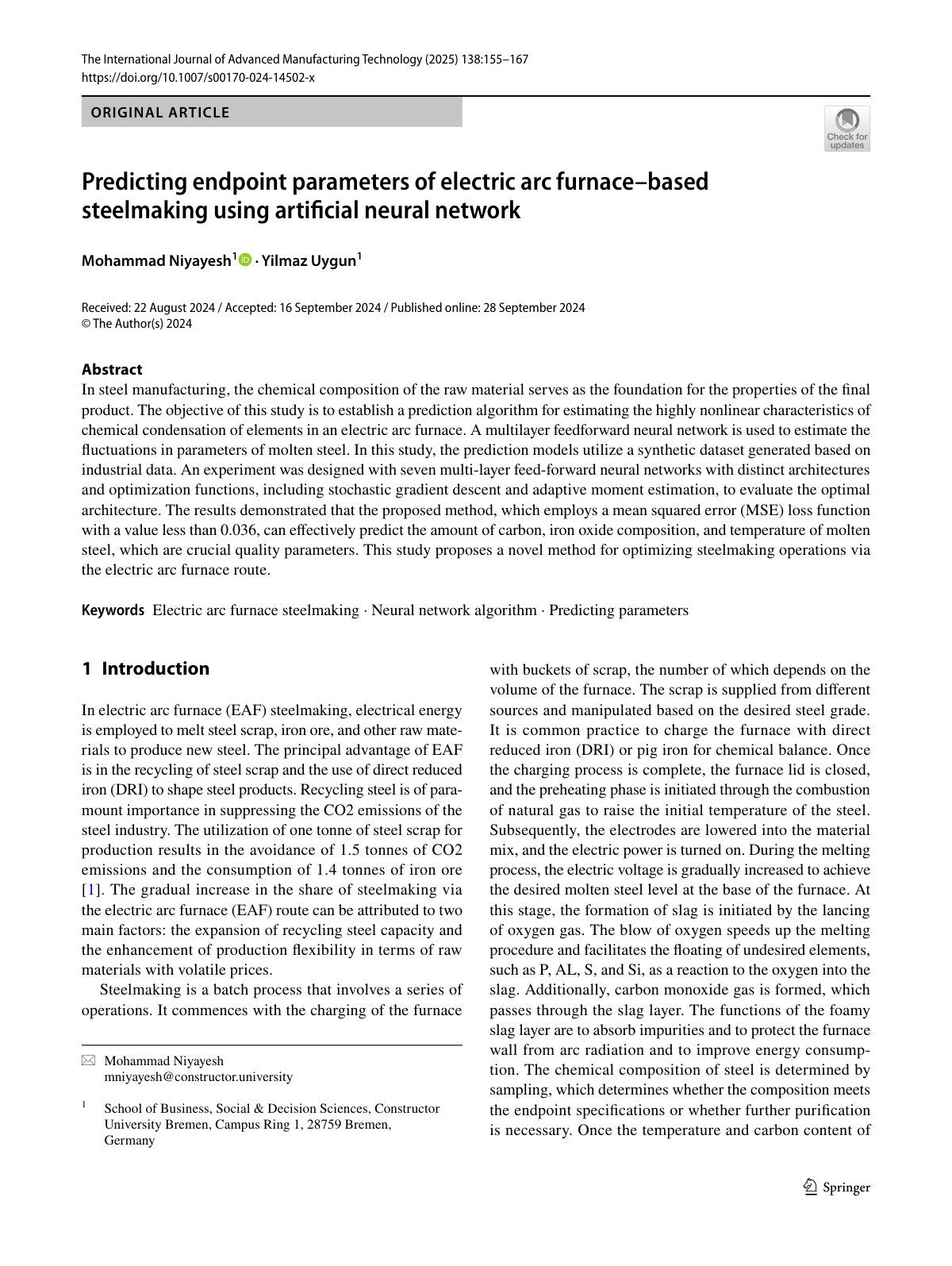 First page of Predicting endpoint parameters of electric arc furnace–based steelmaking using artificial neural network