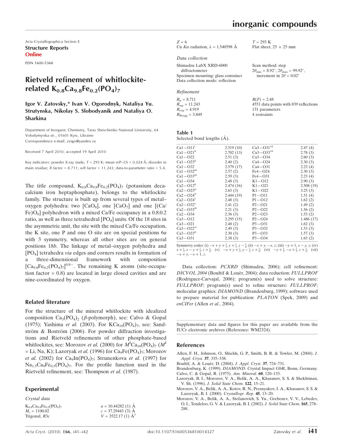First page of Rietveld refinement of whitlockite-related K0.8Ca9.8Fe0.2(PO4)7