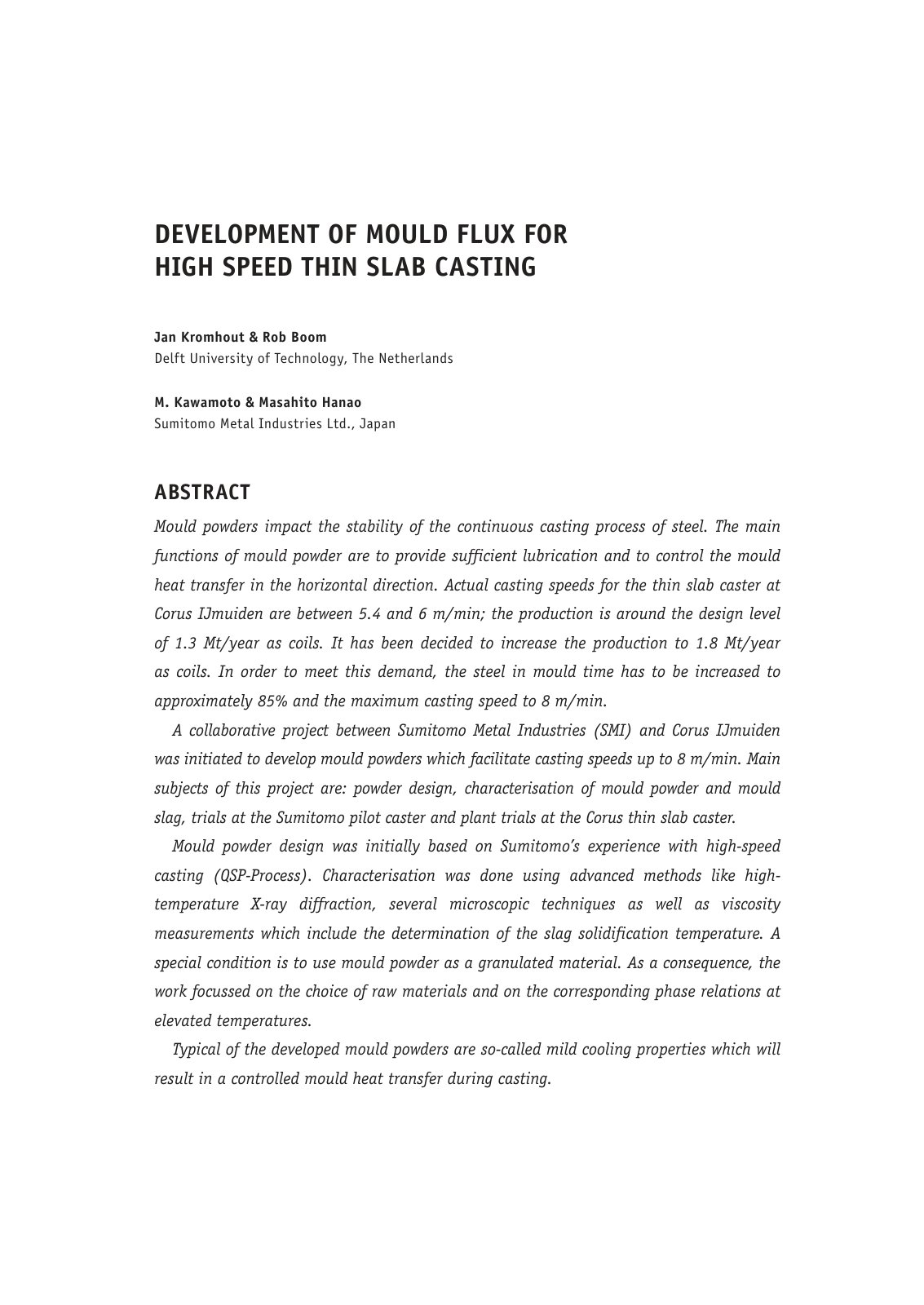 First page of Development of Mould Flux for High Speed