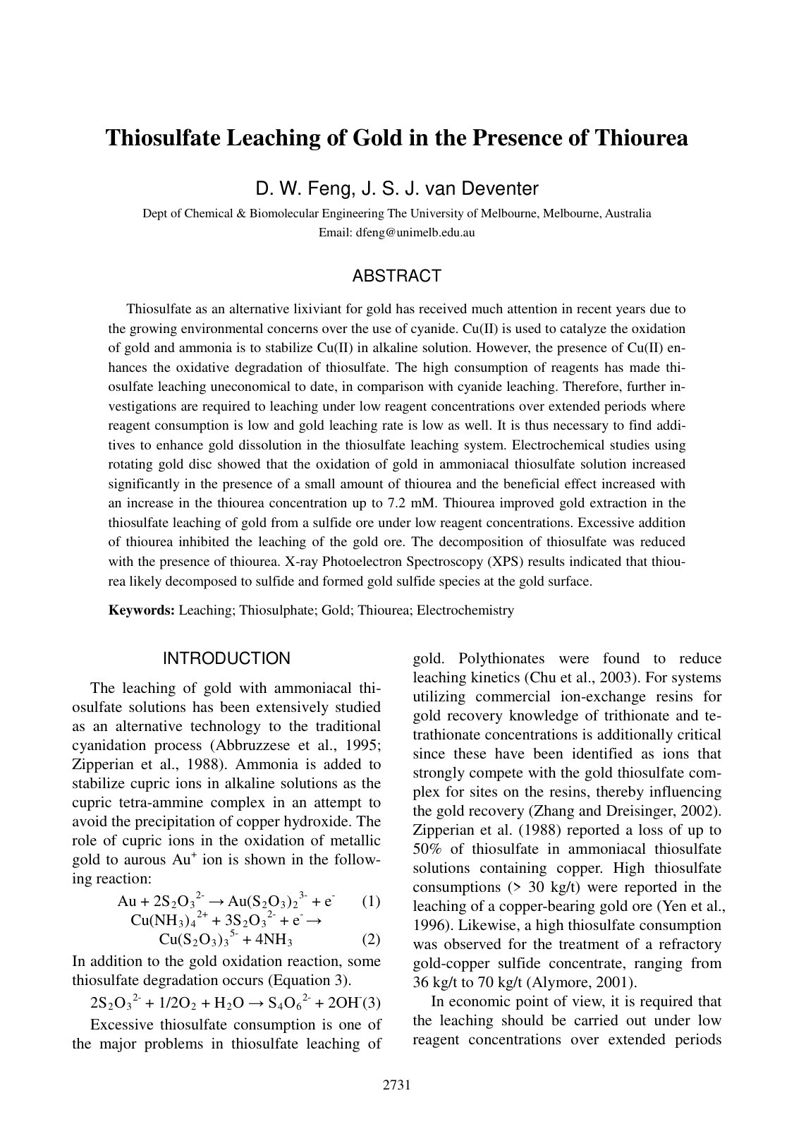 First page of Thiosulfate Leaching of Gold in the Presence of Thiourea