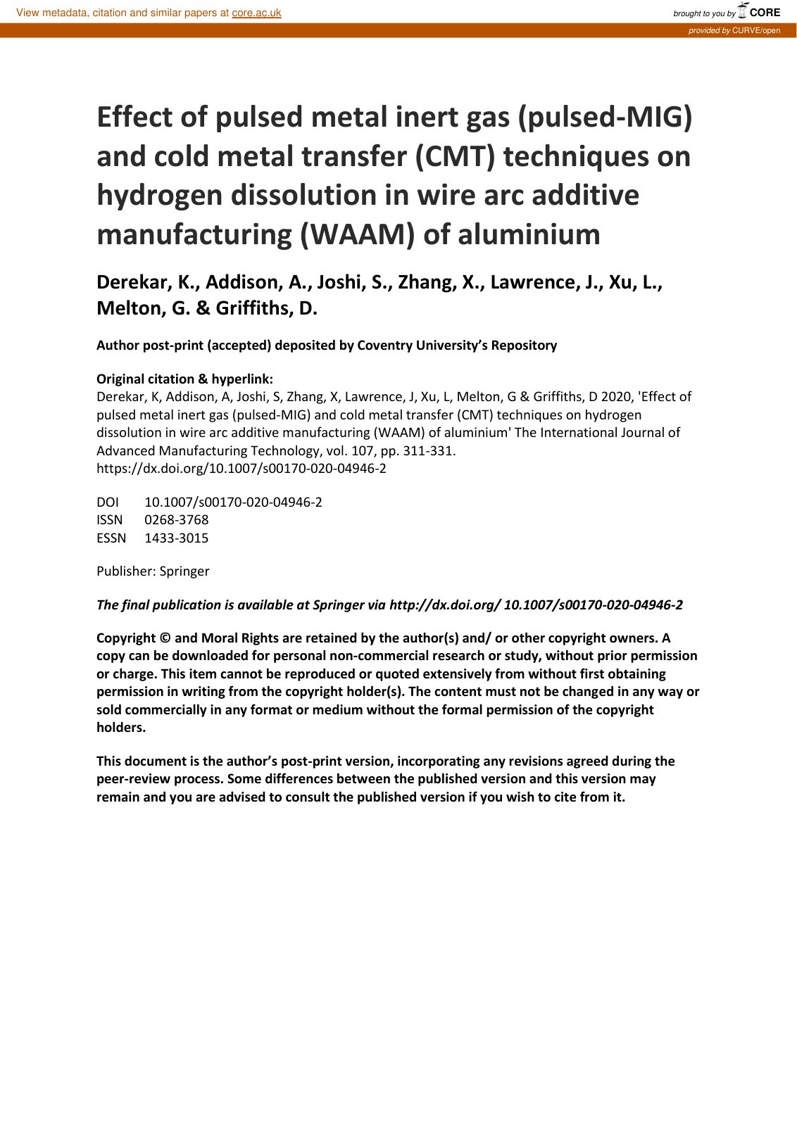 First page of Effect of pulsed metal inert gas (pulsed-MIG) and cold metal transfer (CMT) techniques on hydrogen dissolution in wire arc additive manufacturing (WAAM) of aluminium