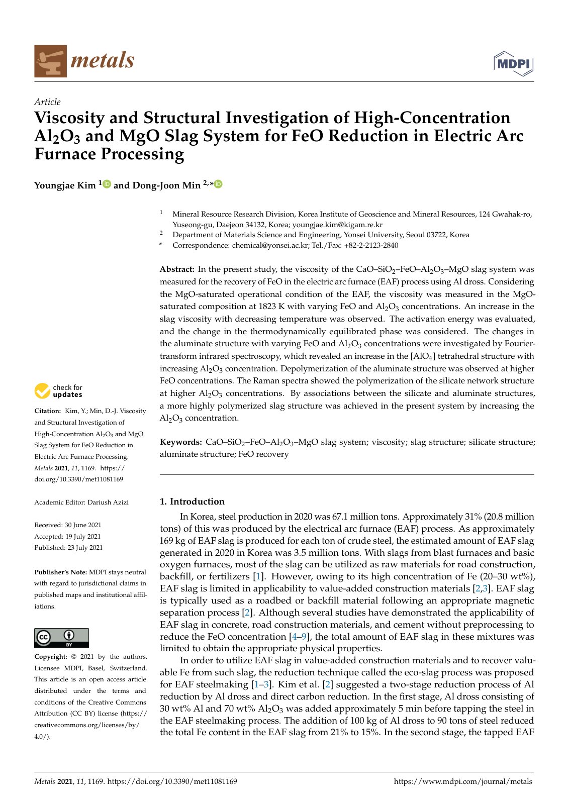First page of Viscosity and Structural Investigation of High-Concentration Al2O3 and MgO Slag System for FeO Reduction in Electric Arc Furnace Processing