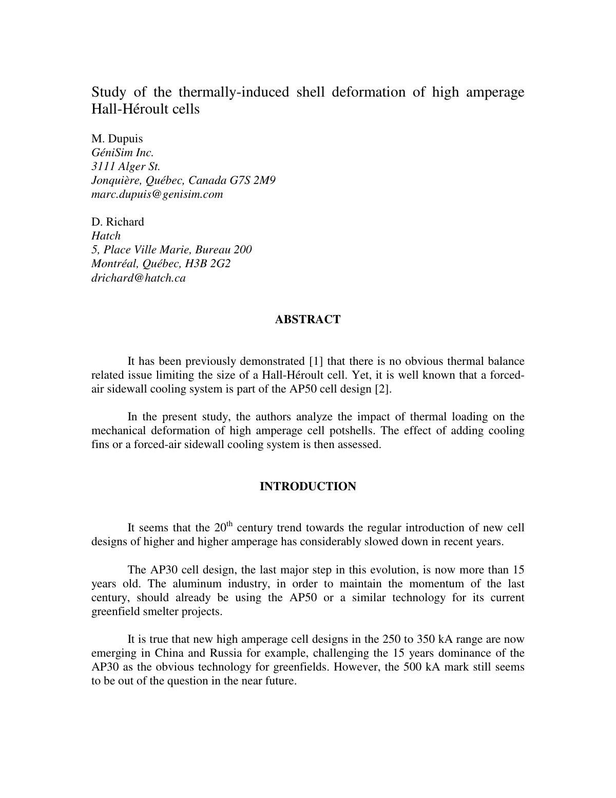 First page of Study of the thermally-induced shell deformation of high amperage Hall-Héroult cells