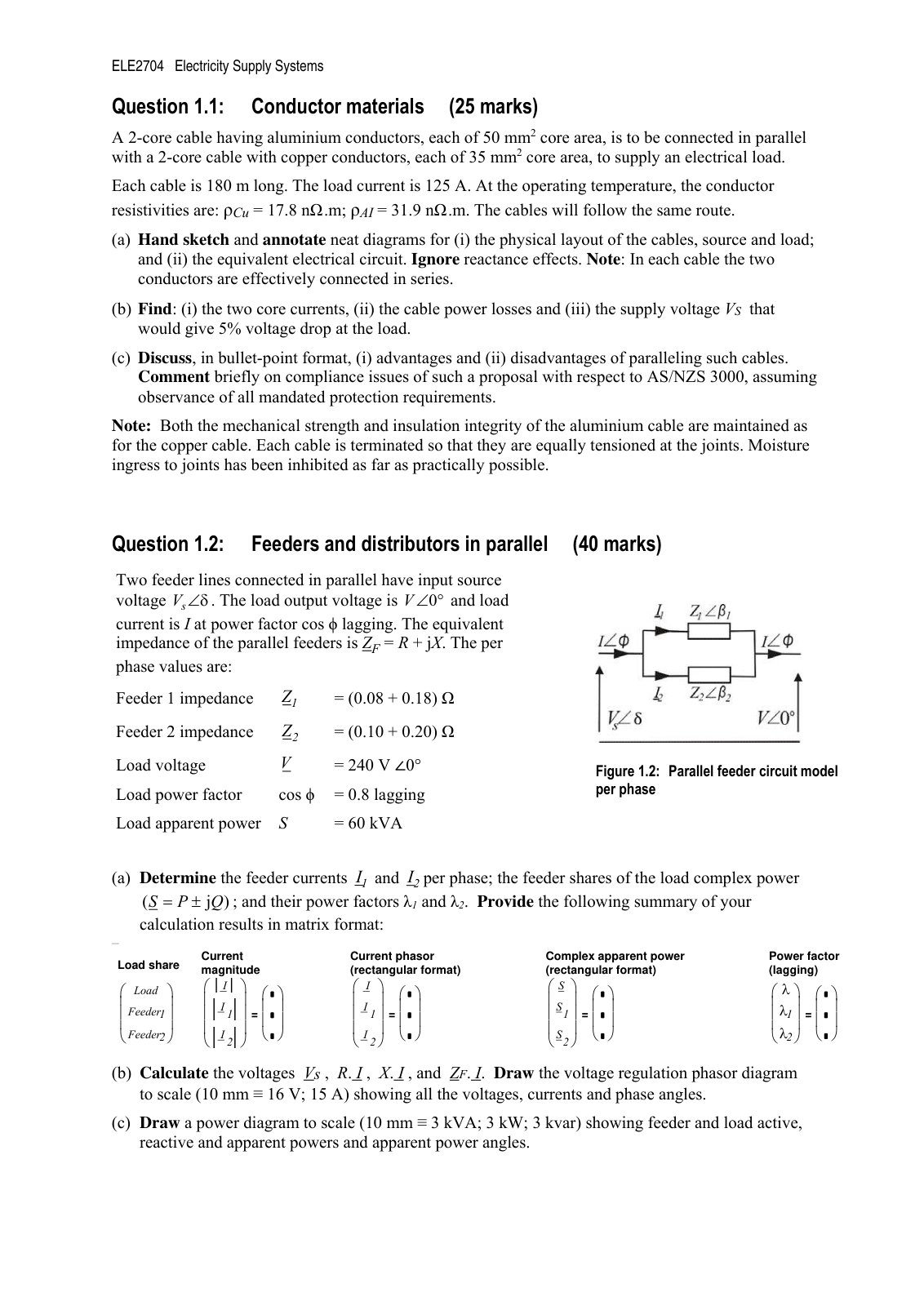 First page of ELE2704 Electricity Supply Systems Quest