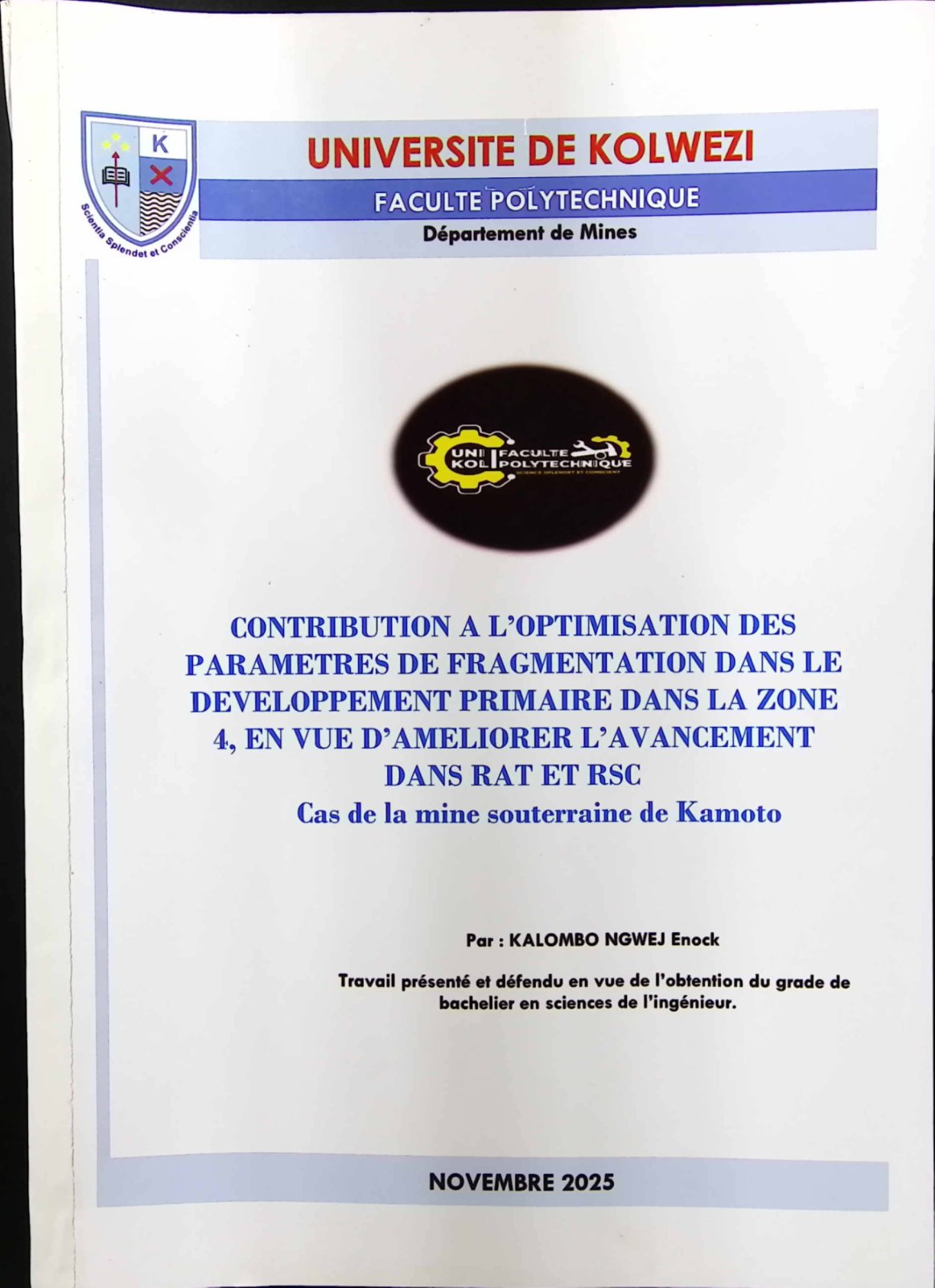 First page of CONTRIBUTION A L’OPTIMISATION DES PARAMETRES DE FRAGMENTATION DANS LE DEVELOPPEMENT PRIMAIRE DANS LA ZONE 4, EN VUE D’AMELIORER L’AVANCEMENT DANS RAT ET RSC