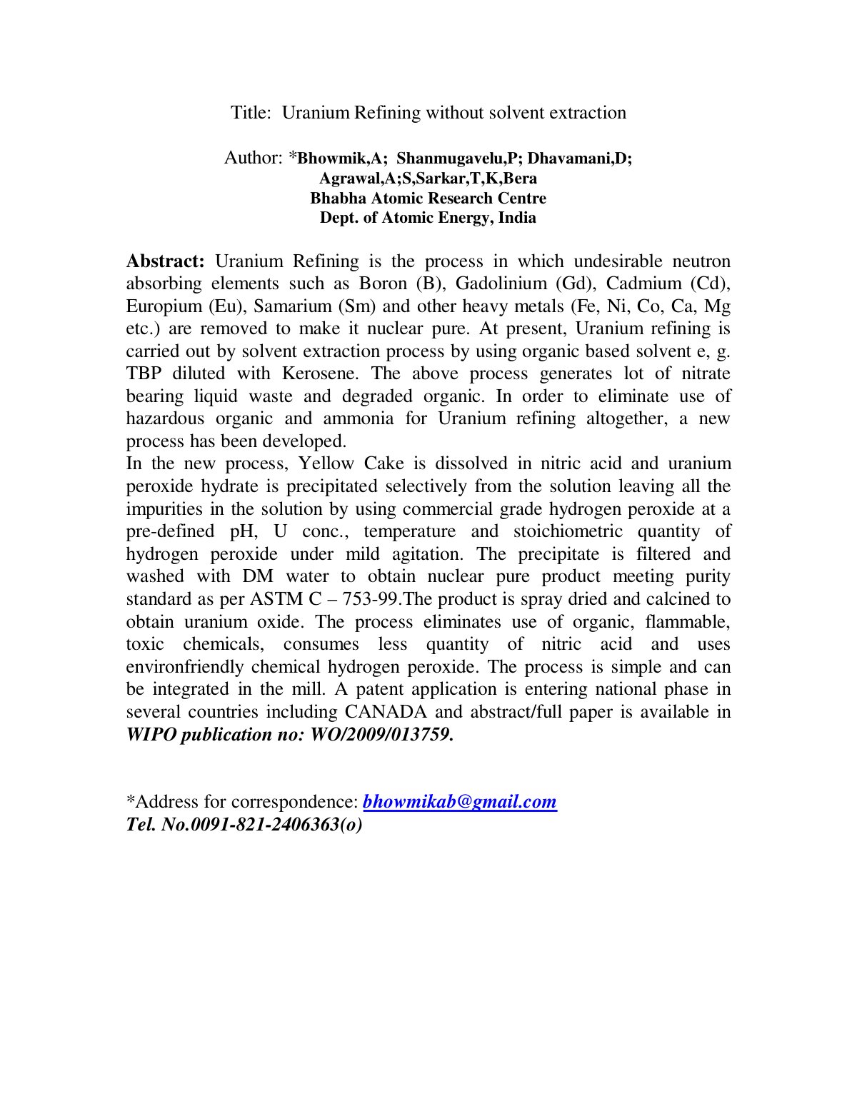 First page of Uranium Refining without solvent extraction
