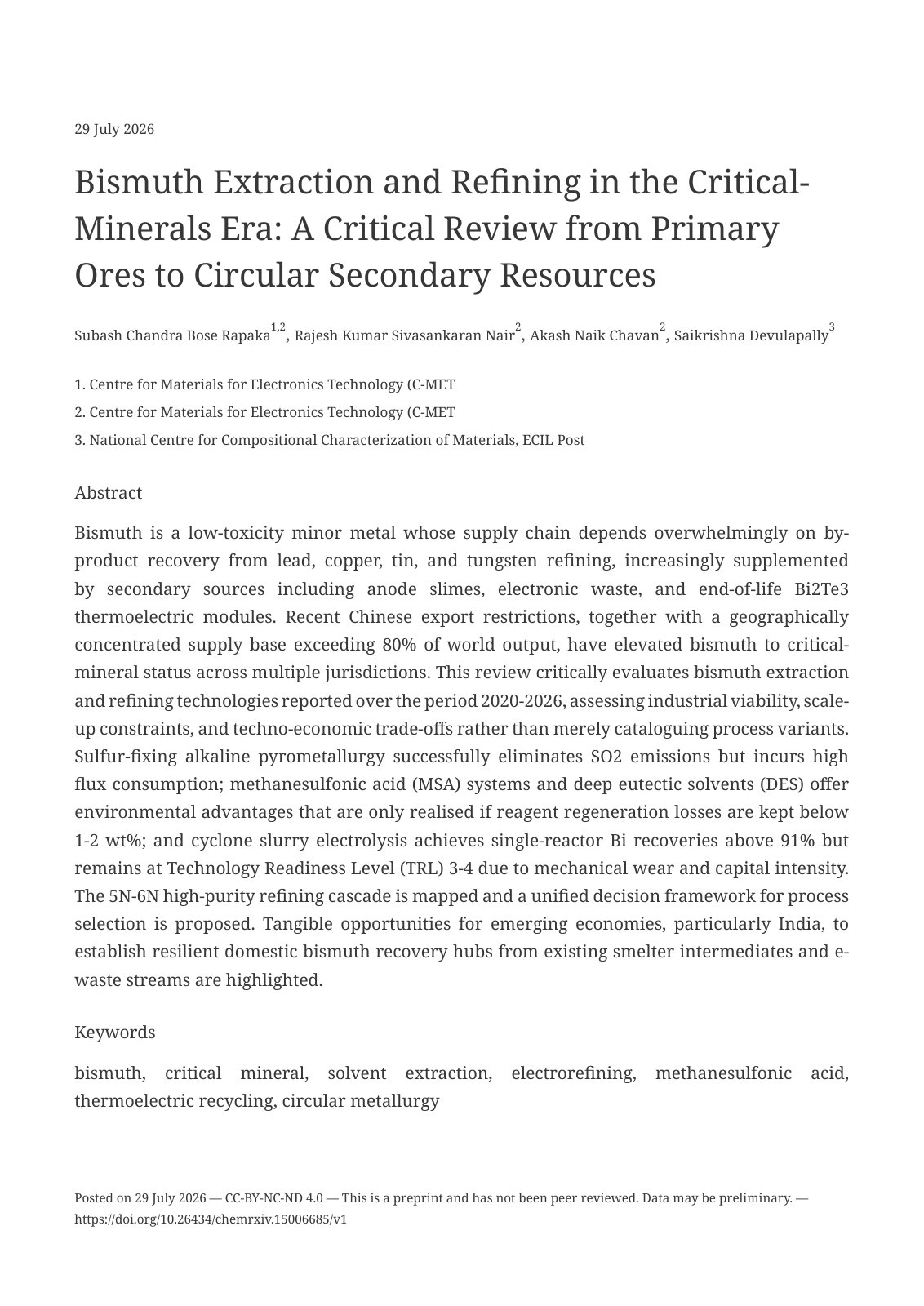 First page of Bismuth Extraction and Reﬁning in the Critical-Minerals Era: A Critical Review from Primary Ores to Circular Secondary Resources