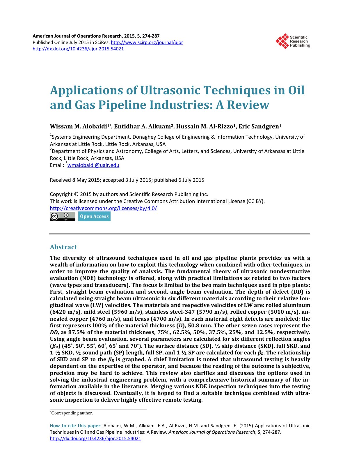 First page of Applications of Ultrasonic Techniques in Oil and Gas Pipeline Industries: A Review