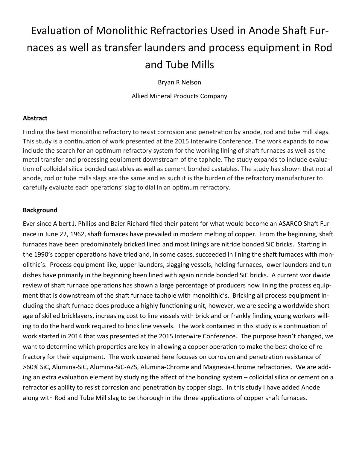 First page of Evaluation of Monolithic Refractories Us