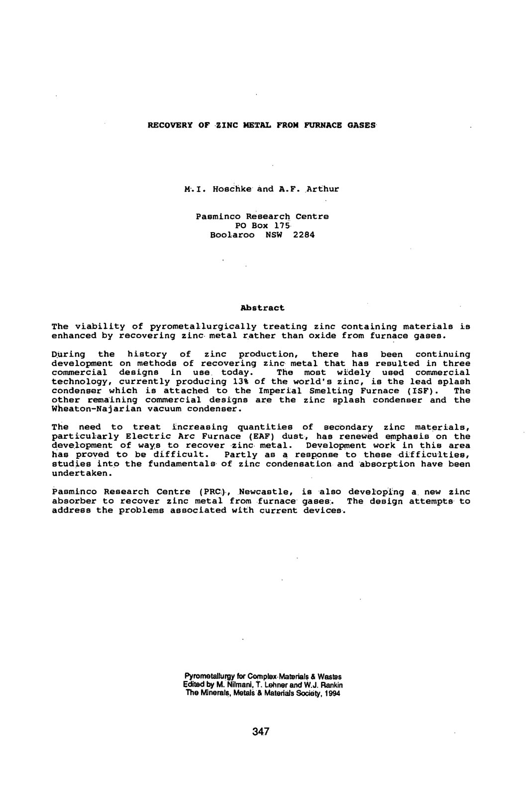 First page of RECOVERY OF ZINC METAL FROM FURNACE GASES