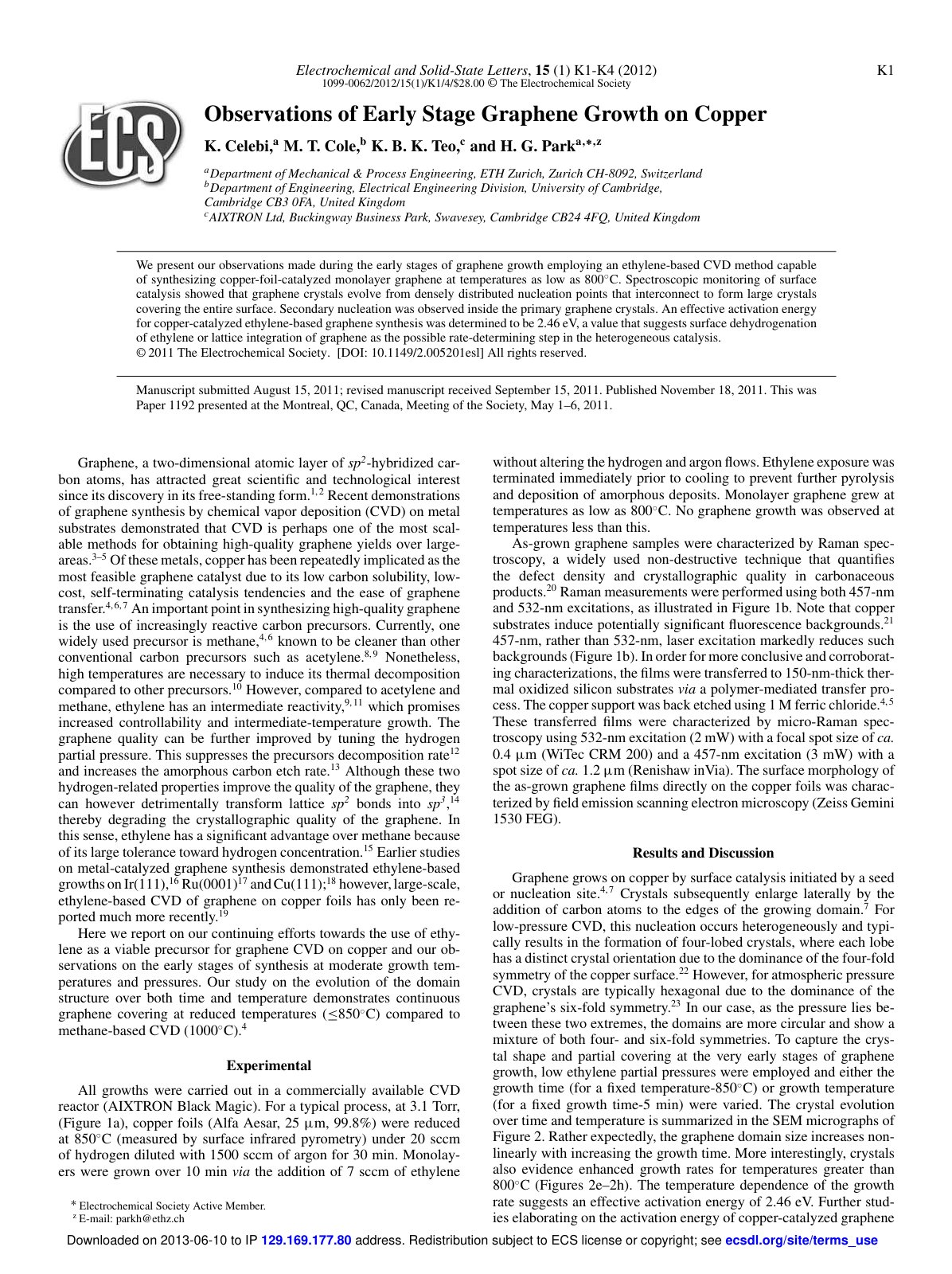 First page of Observations of Early Stage Graphene Growth on Copper
