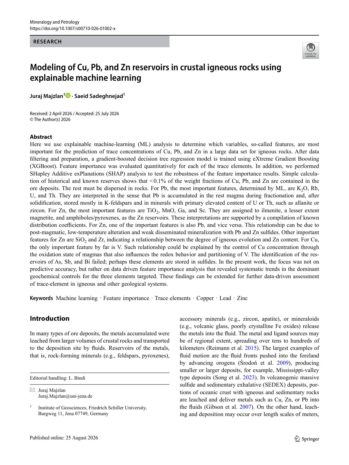First page of 2026 Majzlan Cu Pb Zn Reservoirs Machine Learning