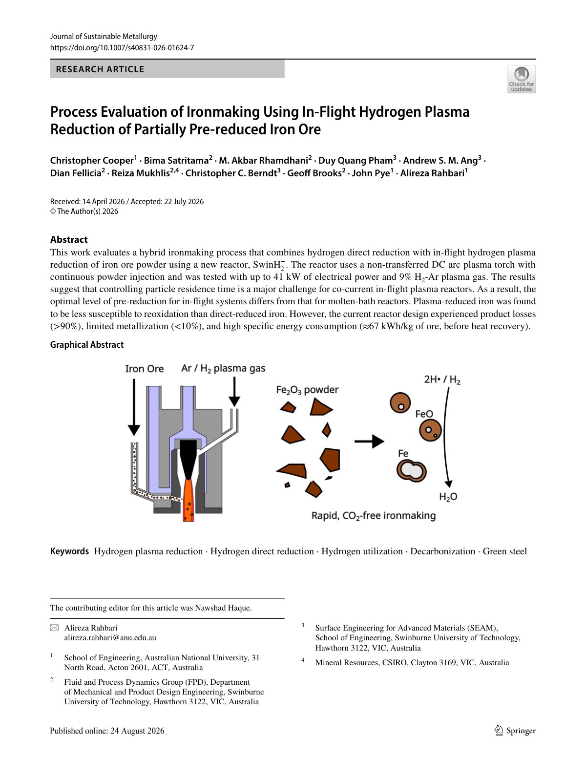 First page of 2026 Cooper Hydrogen Plasma Reduction Ironmaking