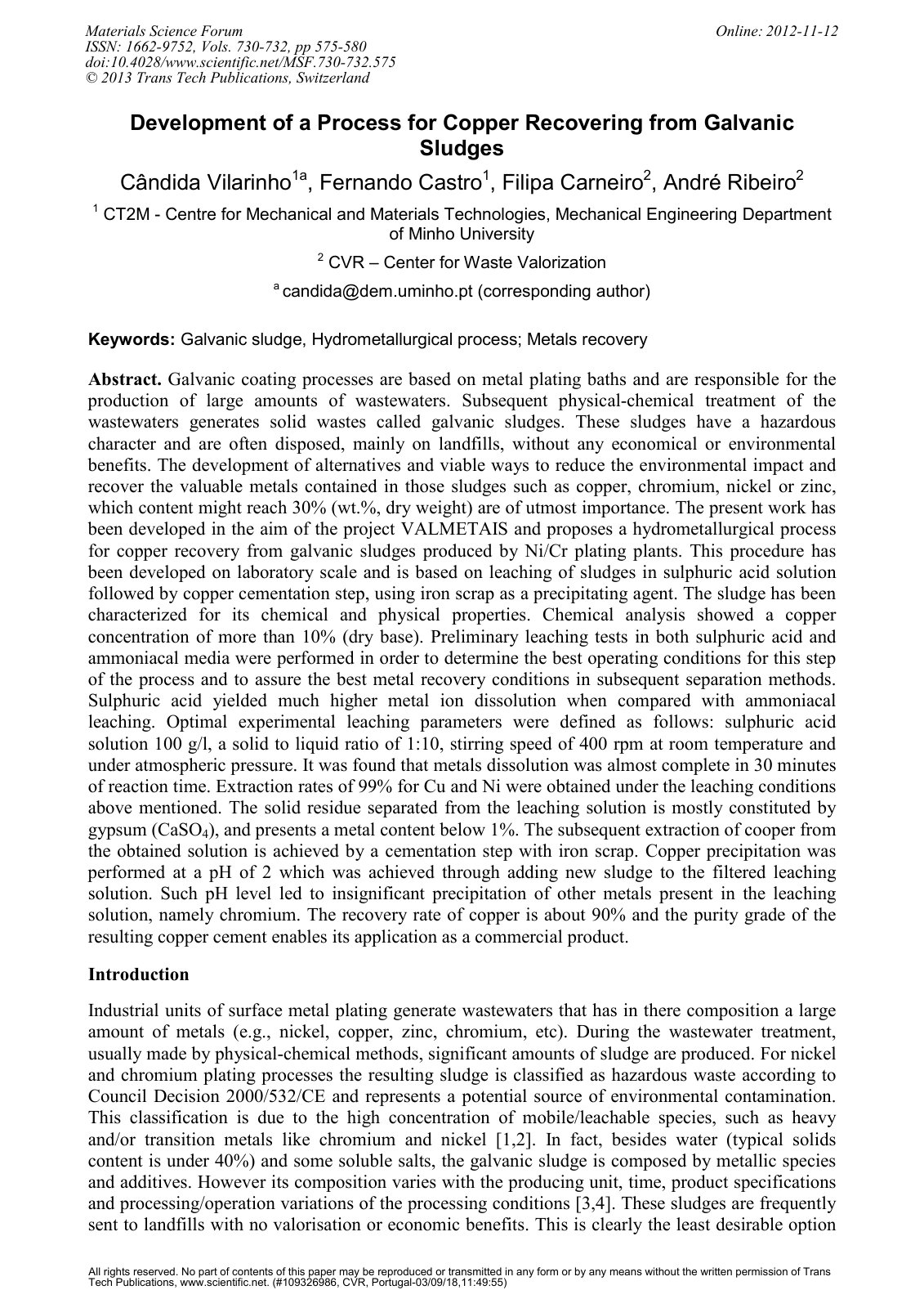 First page of Development of a Process for Copper Reco