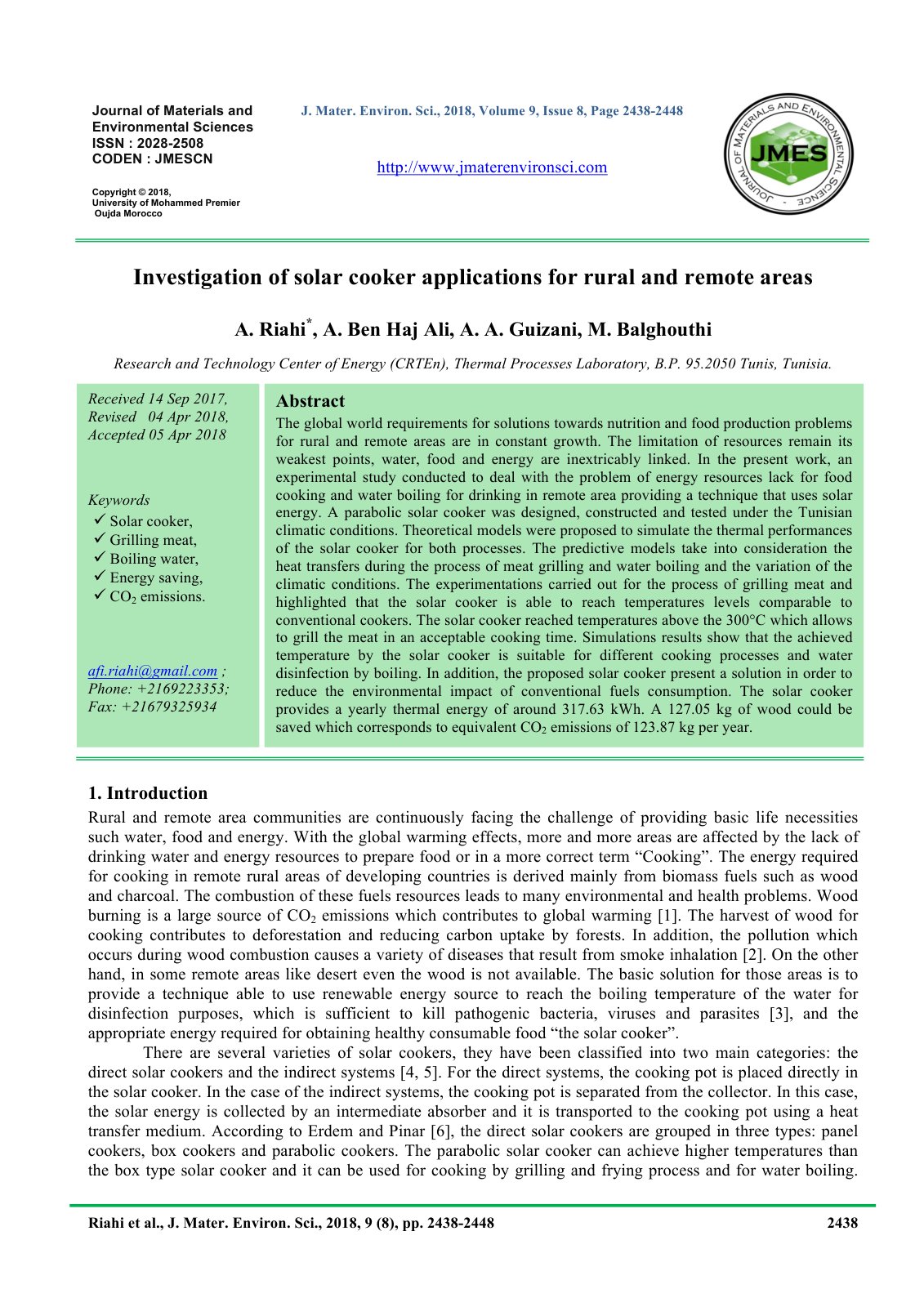 First page of Investigation of solar cooker applicatio