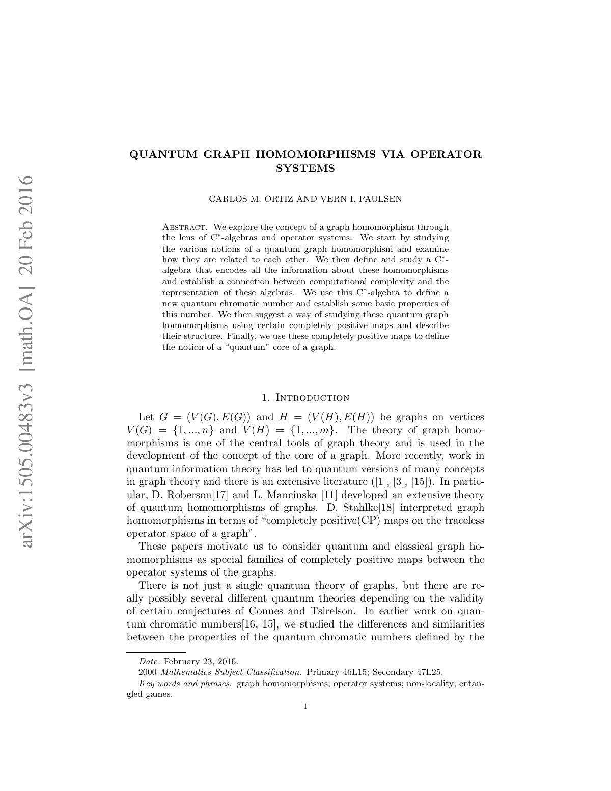 First page of QUANTUM GRAPH HOMOMORPHISMS VIA OPERATOR SYSTEMS