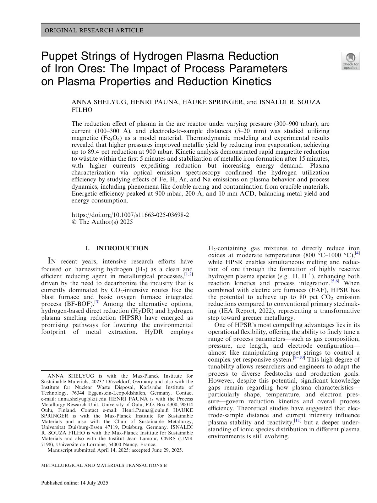 First page of Puppet Strings of Hydrogen Plasma Reduct