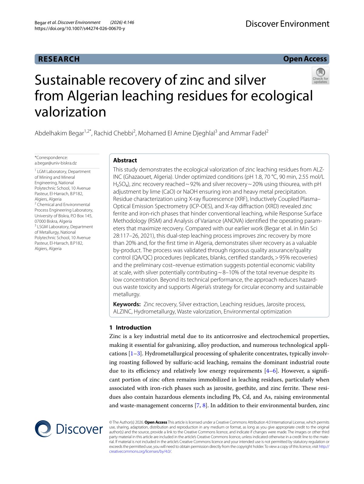 First page of 2026   Begar   Zinc and silver recovery from leaching residues