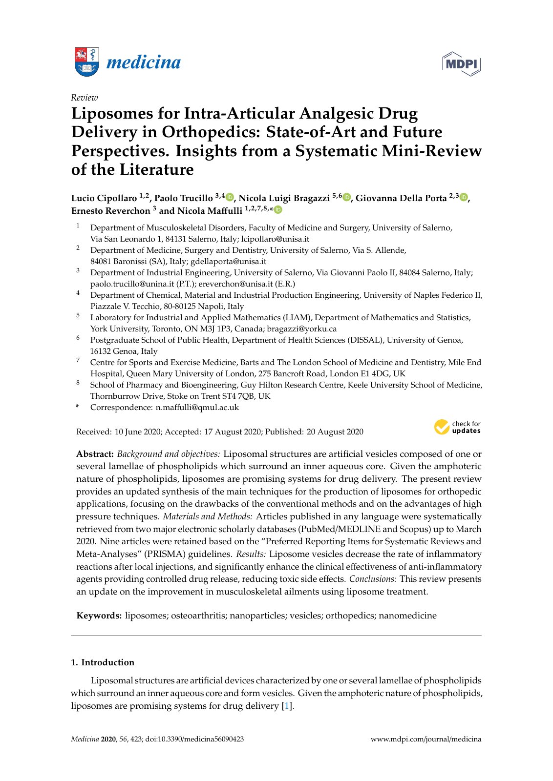 First page of Liposomes for Intra Articular Analgesic
