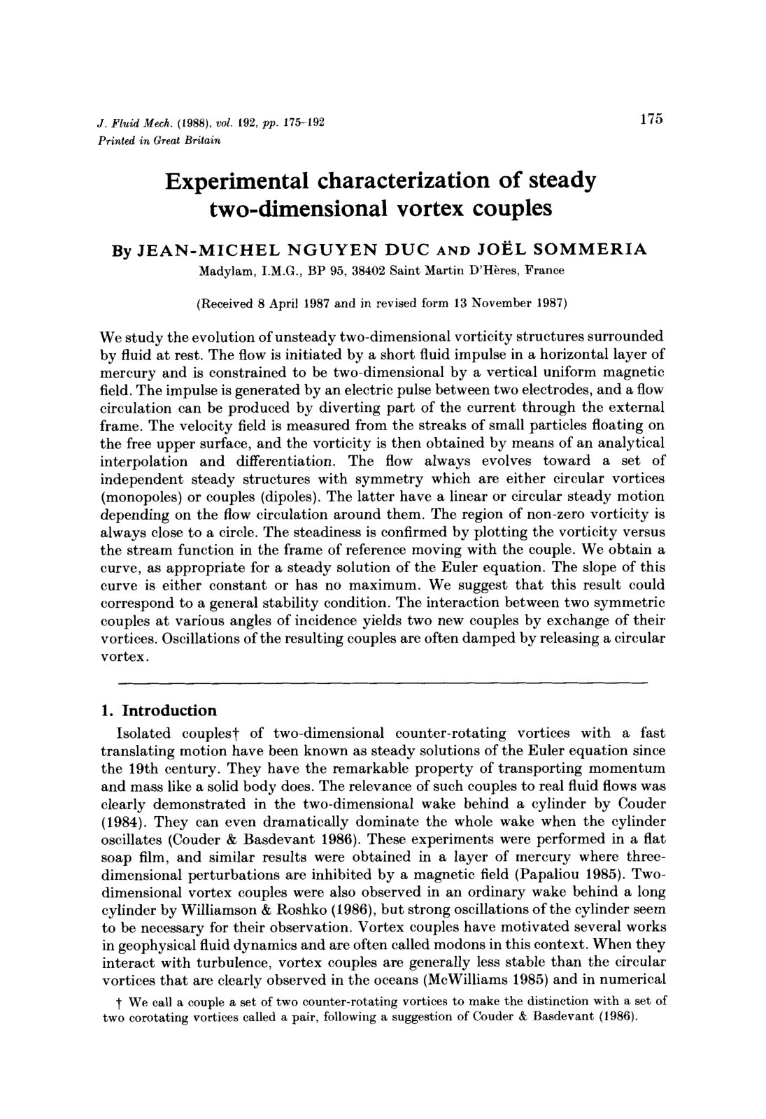 First page of Experimental characterization of steady two-dimensional vortex couples