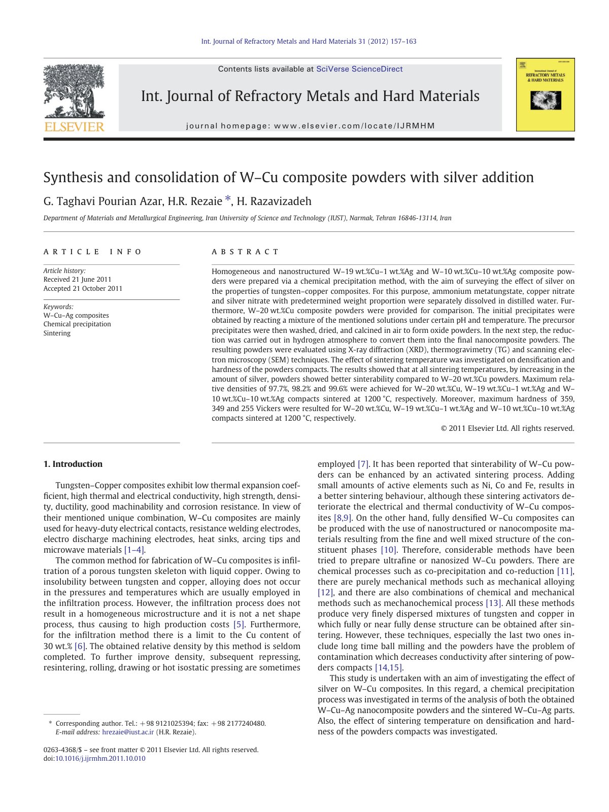 First page of Synthesis and consolidation of W Cu comp