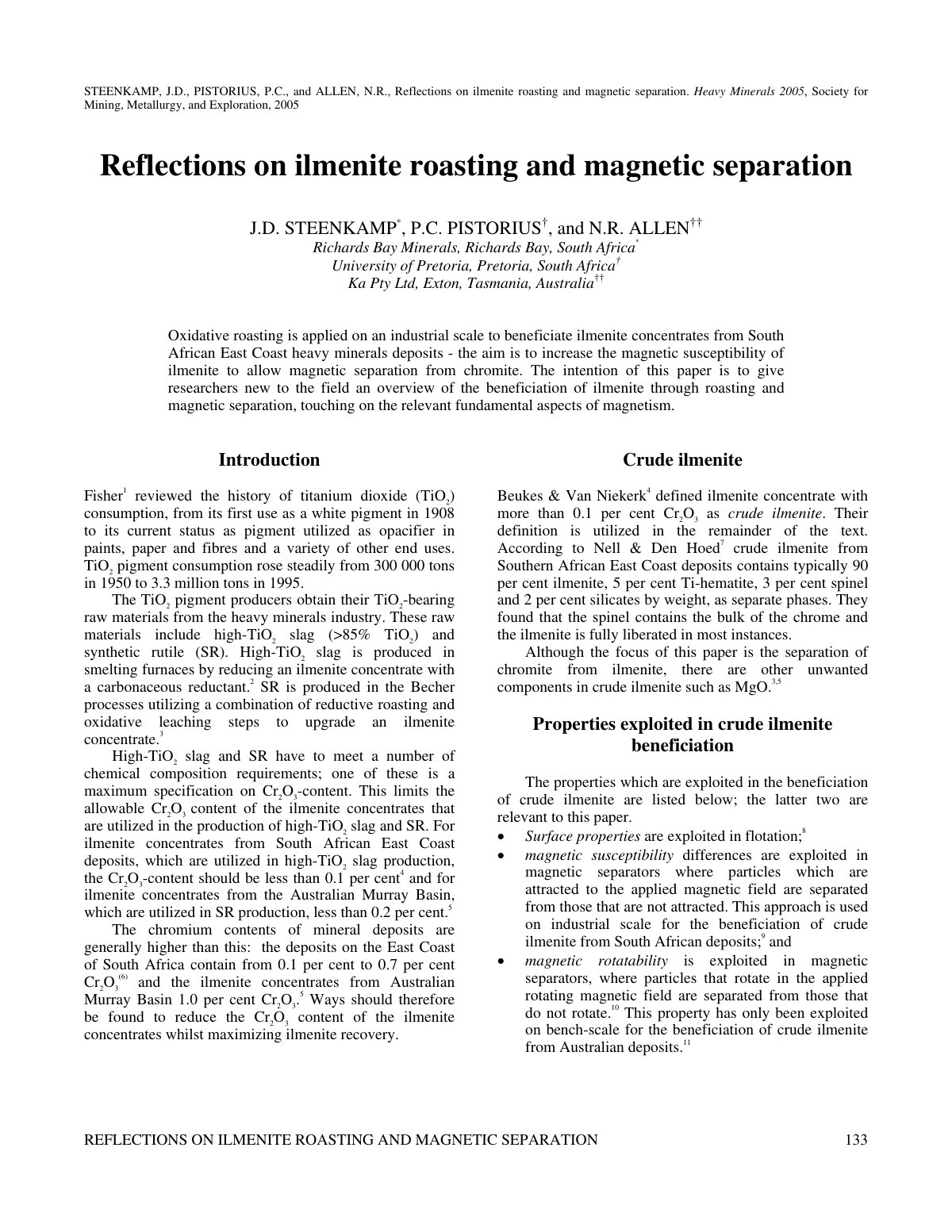 First page of Reflections on ilmenite roasting and magnetic separation