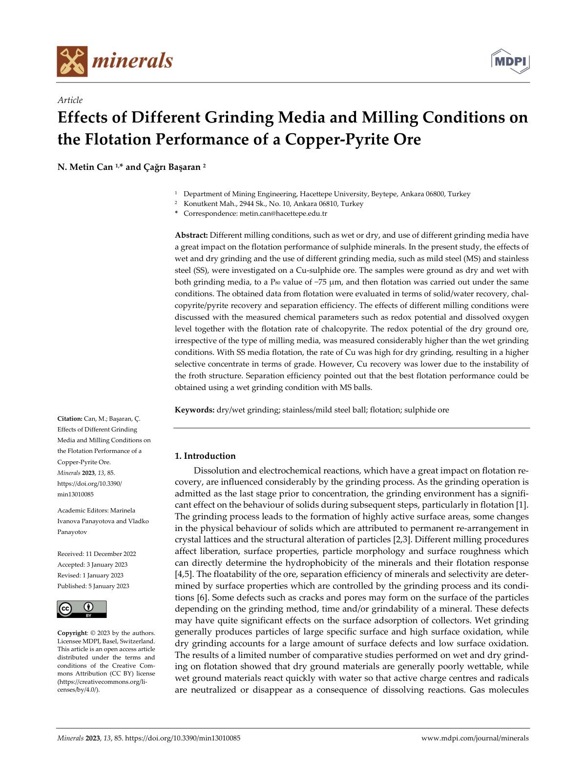 First page of Effects of Different Grinding Media and Milling Conditions on the Flotation Performance of a Copper‐Pyrite Ore